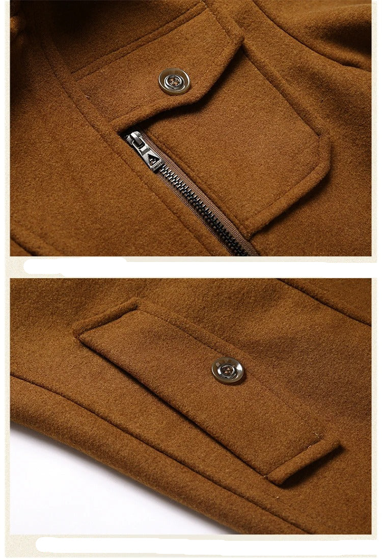 Men's Double Collar Wool Business Coat Winter (Khaki)