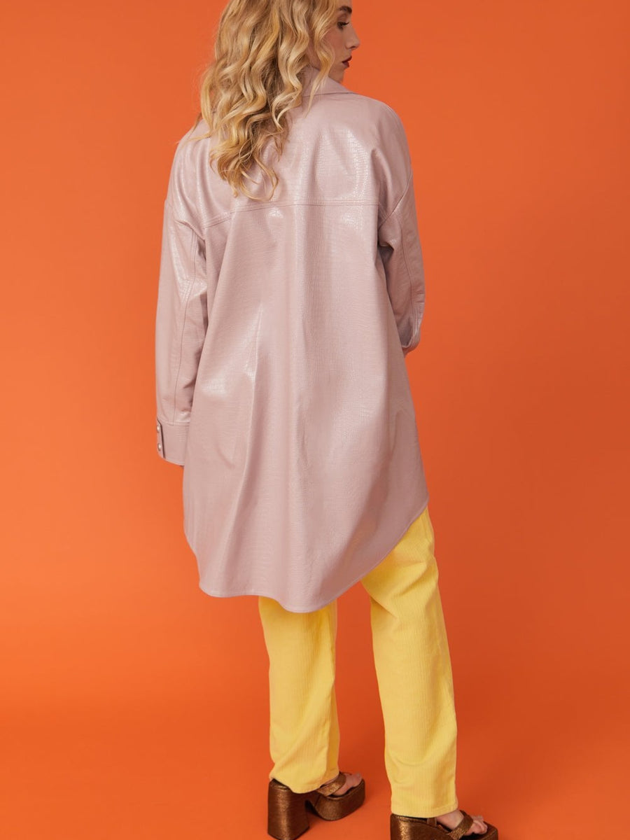 Baby Pink Oversized Faux Suede Leather Trench Coat with Exaggerated Collar-1