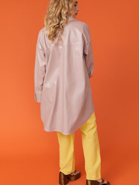 Baby Pink Oversized Faux Suede Leather Trench Coat with Exaggerated Collar-1