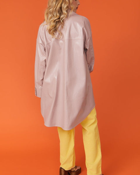 Baby Pink Oversized Faux Suede Leather Trench Coat with Exaggerated Collar-1