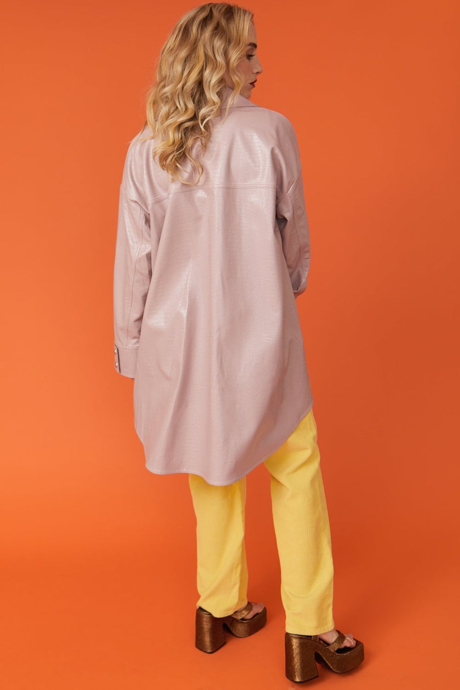Venetia Beaumont — Baby Pink Oversized Faux Suede Leather Trench Coat with Exaggerated Collar, alternate view 2