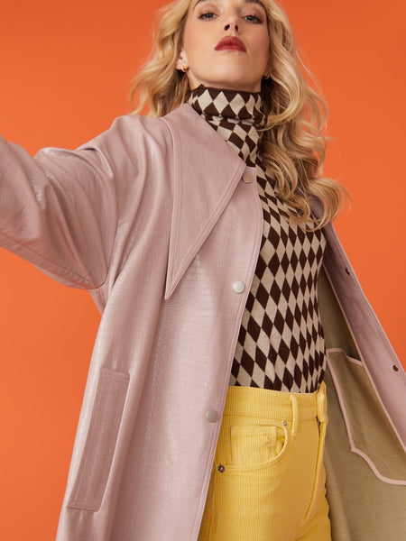Baby Pink Oversized Faux Suede Leather Trench Coat with Exaggerated Collar-2