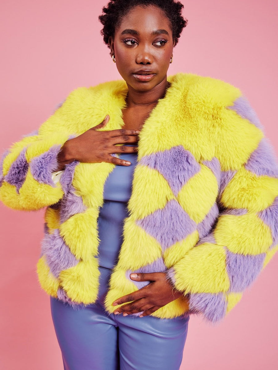 Delilah Yellow Purple Faux Fur Curve Size Jacket