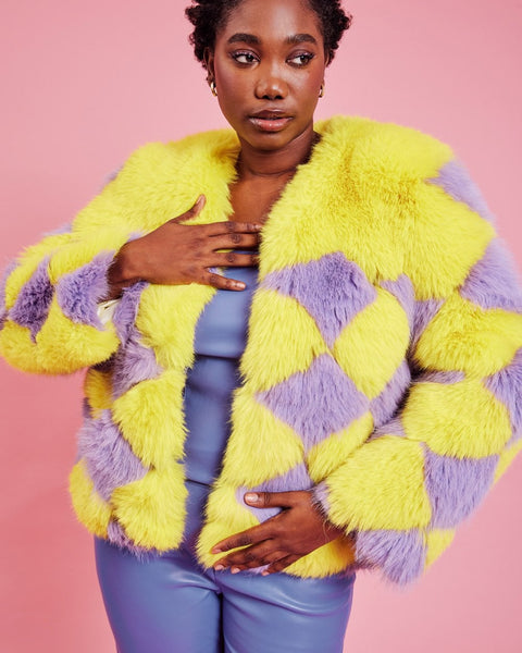 Delilah Yellow Purple Faux Fur Curve Size Jacket