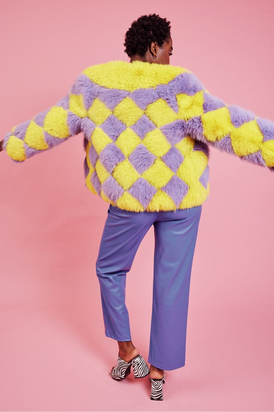 Delilah — Yellow Purple Faux Fur Curve Size Jacket, alternate view 2