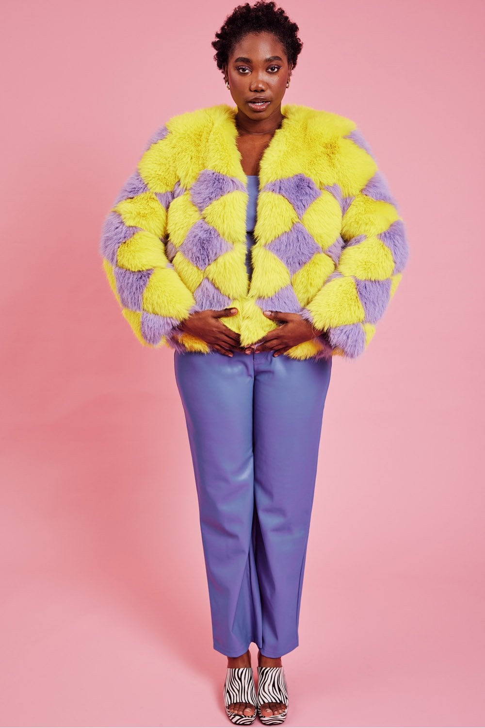 Delilah — Yellow Purple Faux Fur Curve Size Jacket, alternate view 3