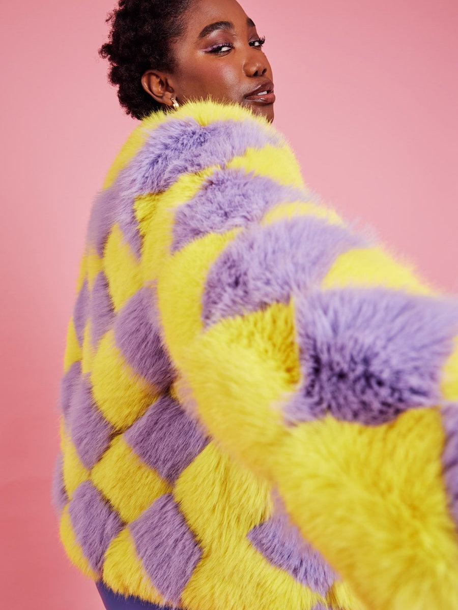 Delilah Yellow Purple Faux Fur Curve Size Jacket