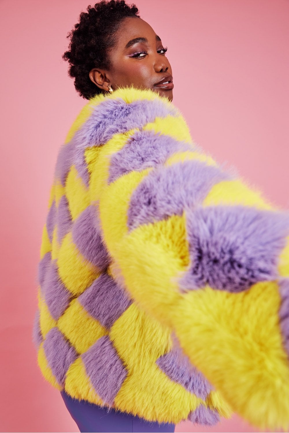Delilah — Yellow Purple Faux Fur Curve Size Jacket, alternate view 4