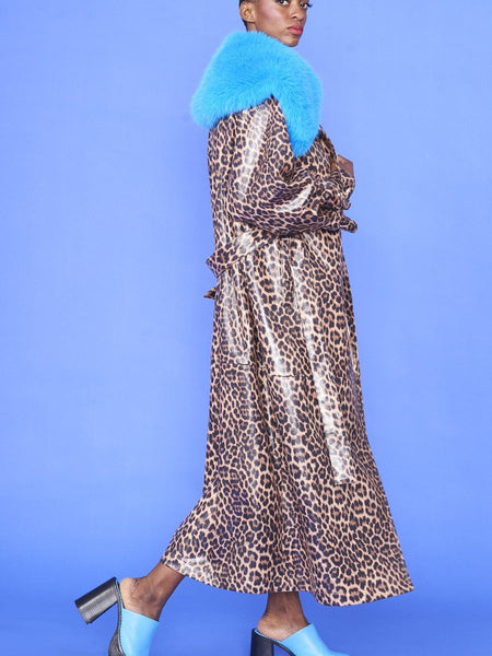 Mocha Banana Peel Eco Leather Leopard Print Trench Coat-3
