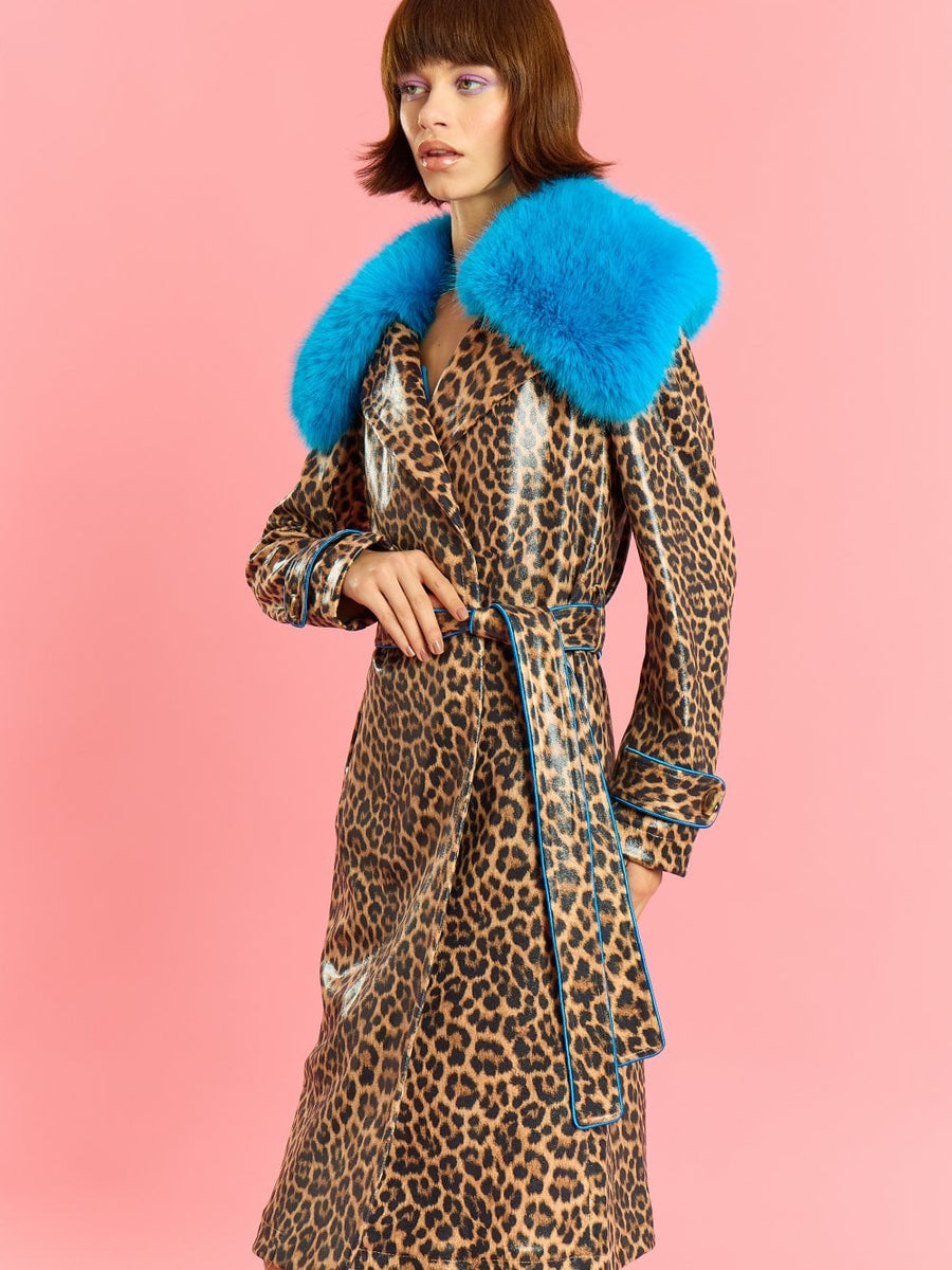 Blue Faux Suede Trench Coat with Faux Fur Collar-1