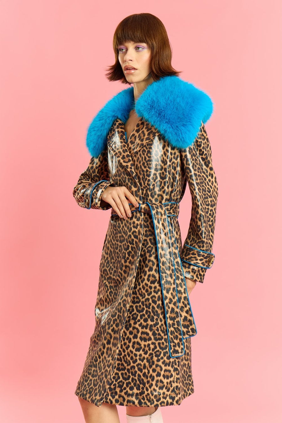 Saskia — Blue Faux Suede Trench Coat with Faux Fur Collar, alternate view 2