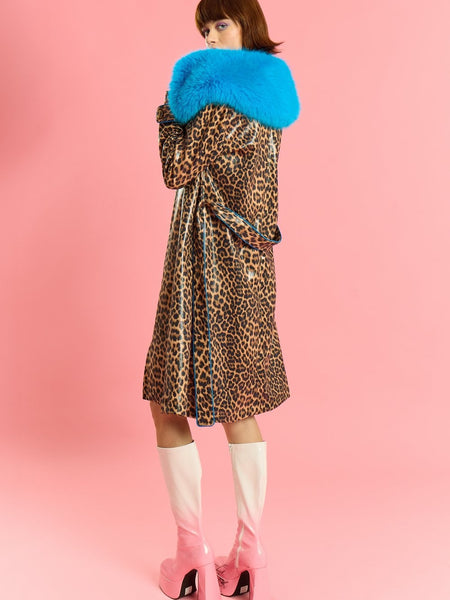 Blue Faux Suede Trench Coat with Faux Fur Collar-3