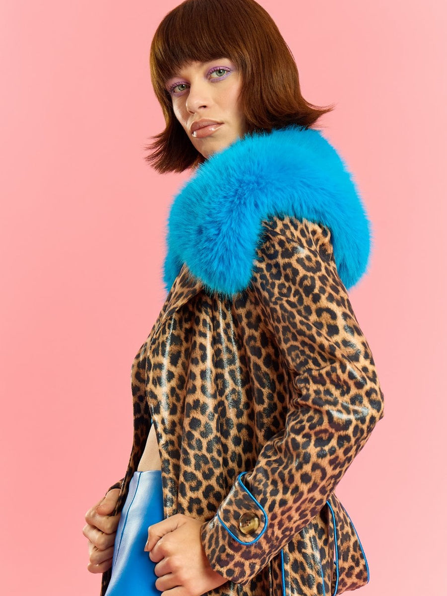 Blue Faux Suede Trench Coat with Faux Fur Collar-0