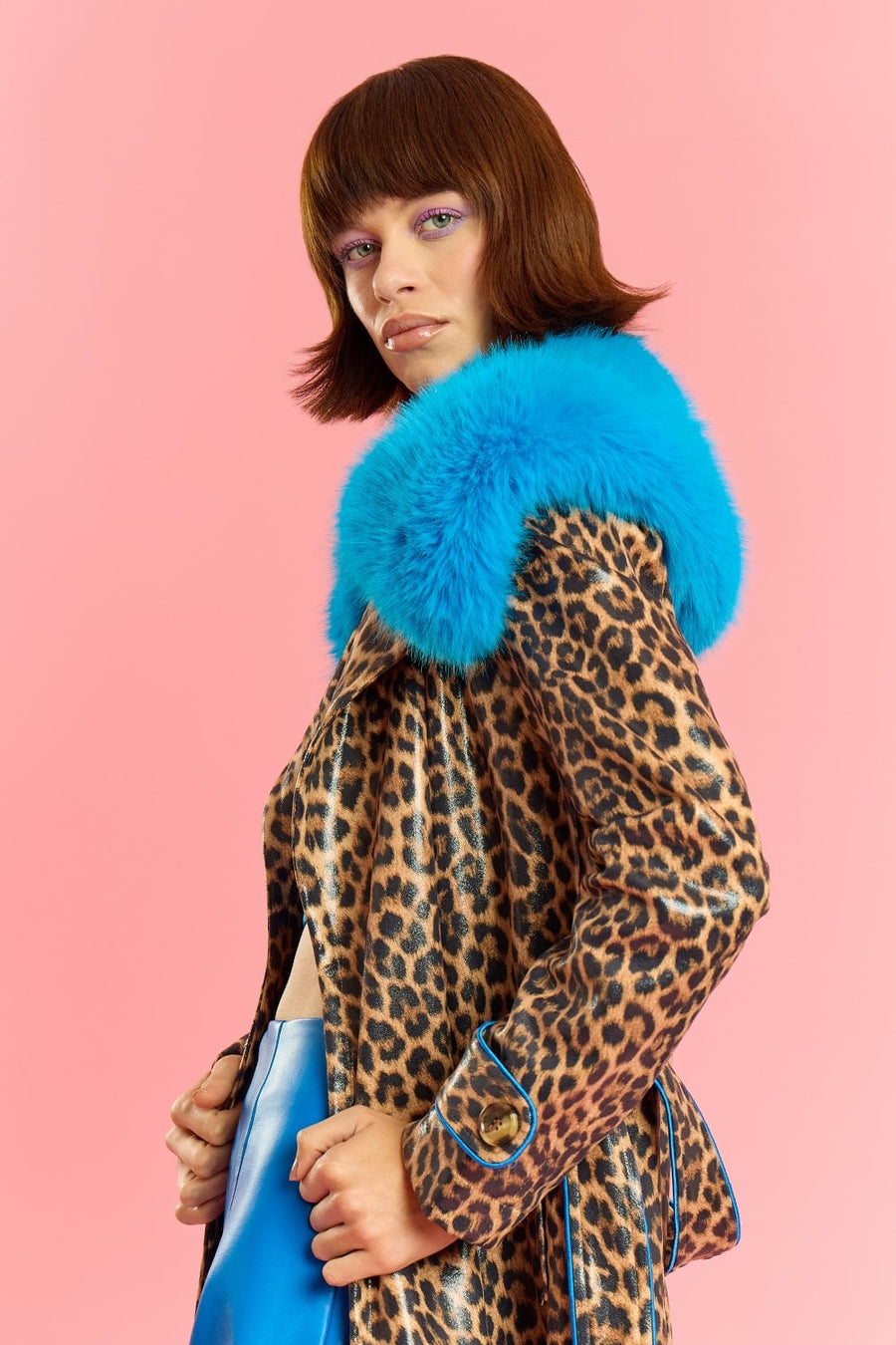 Saskia — Blue Faux Suede Trench Coat with Faux Fur Collar