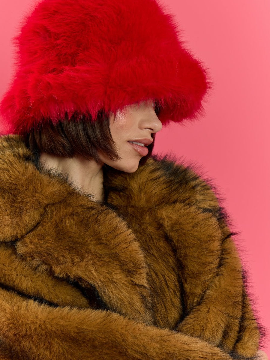 Red Eco Bamboo Faux Fur Bucket Hat
