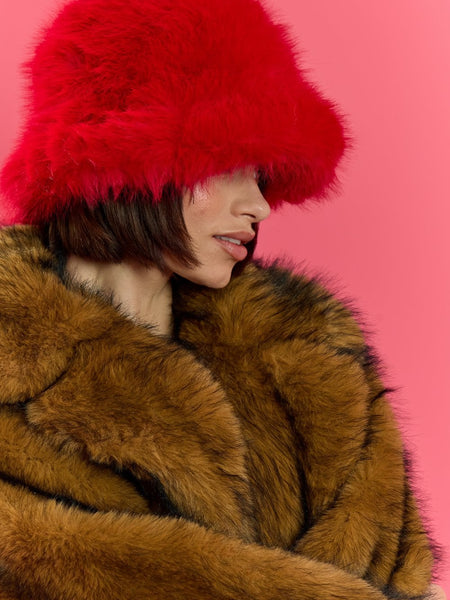 Red Eco Bamboo Faux Fur Bucket Hat