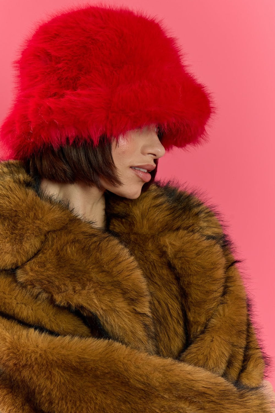 Sol Versailles — Red Eco Bamboo Faux Fur Bucket Hat Red Coat or Jacket
