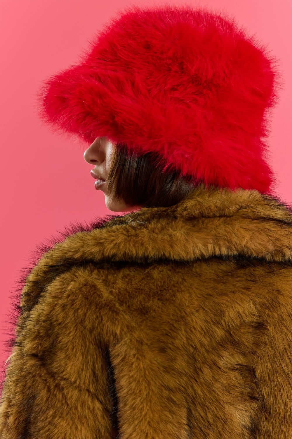 Sol Versailles — Red Eco Bamboo Faux Fur Bucket Hat Red Coat or Jacket, alternate view 2
