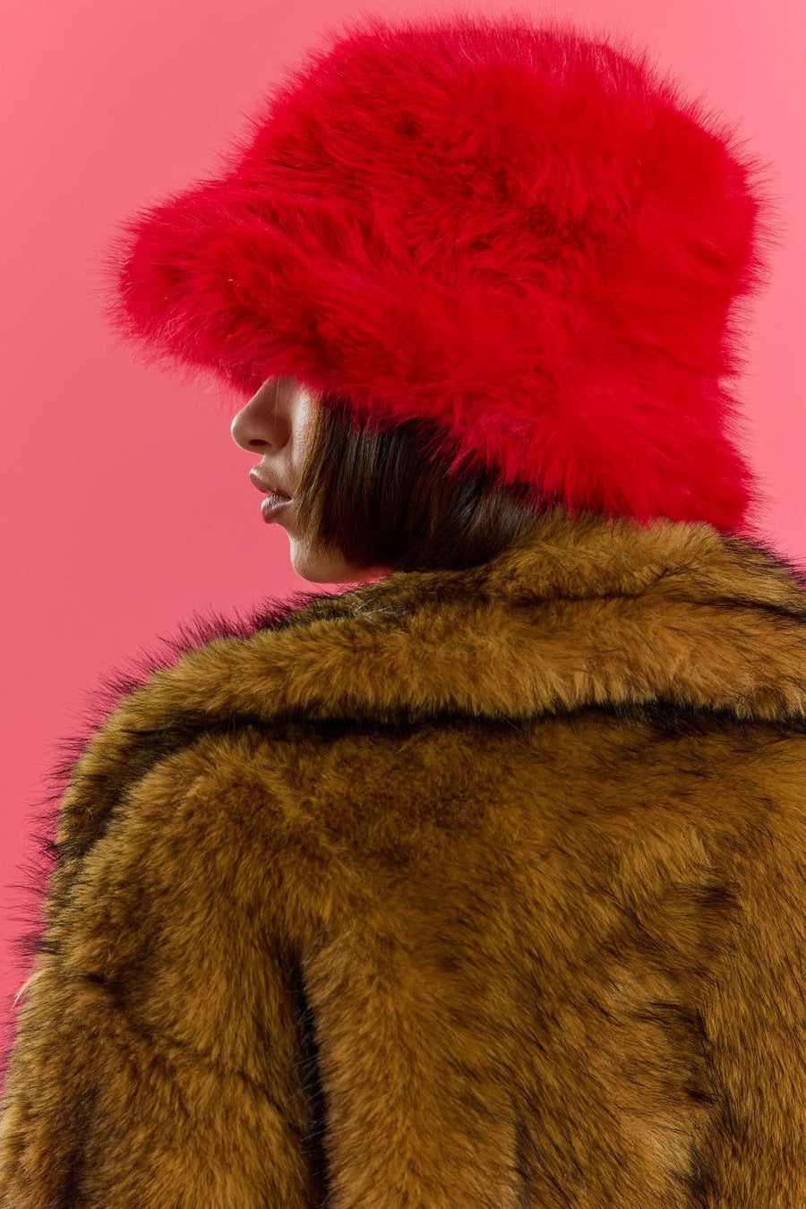 Sol Versailles — Red Eco Bamboo Faux Fur Bucket Hat Red Coat or Jacket, alternate view 2