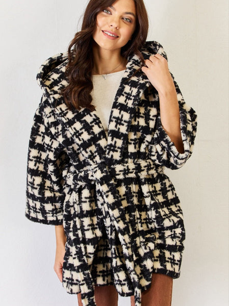 J.NNA Fuzzy Plaid Waist Tie Hooded Robe Cardigan - Opulent EmpireJ.NNA Fuzzy Plaid Waist Tie Hooded Robe CardiganOpulent Empire