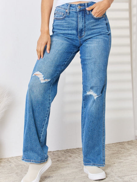 Judy Blue Full Size High Waist Distressed Straight-Leg Jeans - Opulent EmpireJudy Blue Full Size High Waist Distressed Straight-Leg JeansOpulent Empire