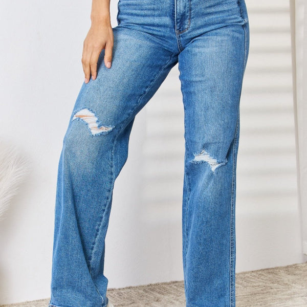 Judy Blue Full Size High Waist Distressed Straight-Leg Jeans - Opulent EmpireJudy Blue Full Size High Waist Distressed Straight-Leg JeansOpulent Empire