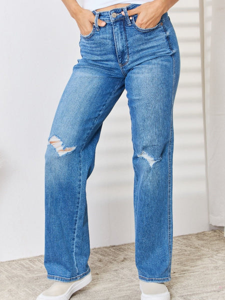 Judy Blue Full Size High Waist Distressed Straight-Leg Jeans - Opulent EmpireJudy Blue Full Size High Waist Distressed Straight-Leg JeansOpulent Empire