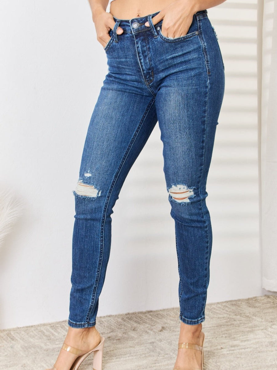 Judy Blue Full Size Mid Waist Distressed Slim Jeans - Opulent EmpireJudy Blue Full Size Mid Waist Distressed Slim JeansOpulent Empire