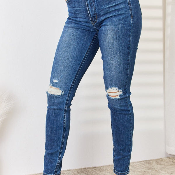 Judy Blue Full Size Mid Waist Distressed Slim Jeans - Opulent EmpireJudy Blue Full Size Mid Waist Distressed Slim JeansOpulent Empire