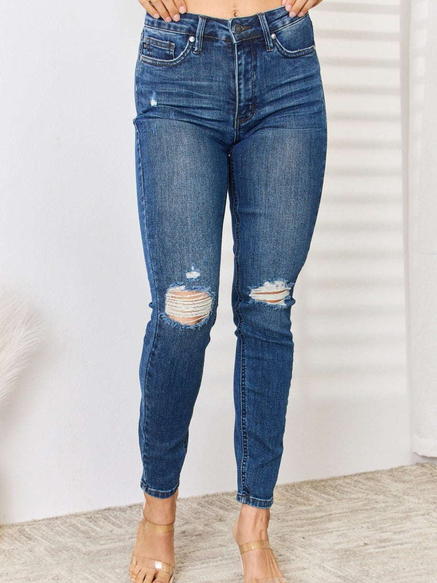 Judy Blue Full Size Mid Waist Distressed Slim Jeans - Opulent EmpireJudy Blue Full Size Mid Waist Distressed Slim JeansOpulent Empire