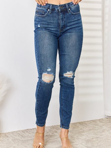 Judy Blue Full Size Mid Waist Distressed Slim Jeans - Opulent EmpireJudy Blue Full Size Mid Waist Distressed Slim JeansOpulent Empire