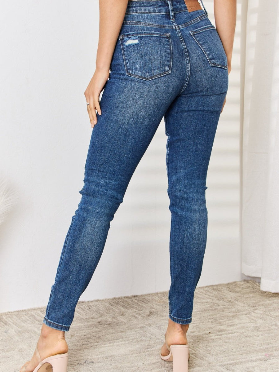 Judy Blue Full Size Mid Waist Distressed Slim Jeans - Opulent EmpireJudy Blue Full Size Mid Waist Distressed Slim JeansOpulent Empire