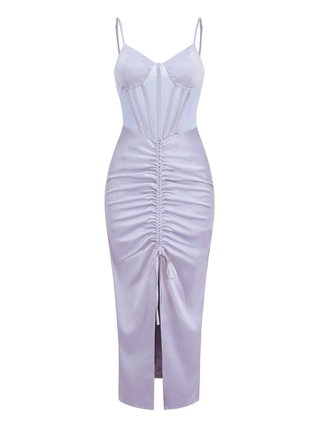 Elegant Satin Corset Dress with Strappy Details and Ruched Midi Length