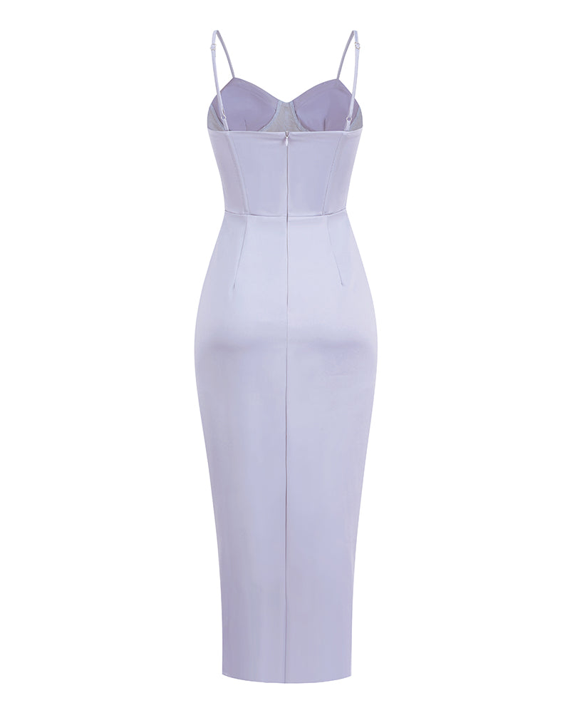 Elegant Satin Corset Dress with Strappy Details and Ruched Midi Length