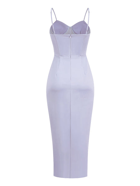 Elegant Satin Corset Dress with Strappy Details and Ruched Midi Length