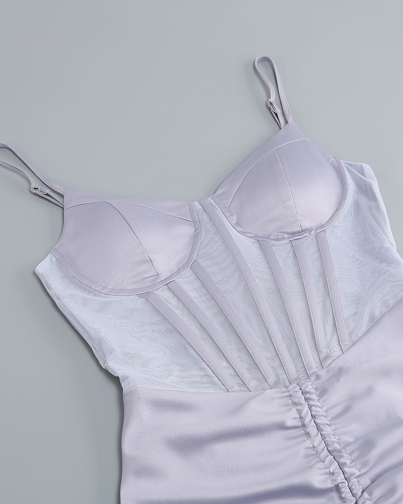 Elegant Satin Corset Dress with Strappy Details and Ruched Midi Length