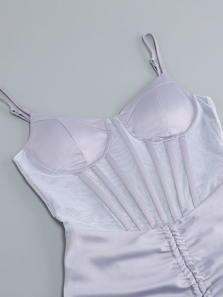 Elegant Satin Corset Dress with Strappy Details and Ruched Midi Length