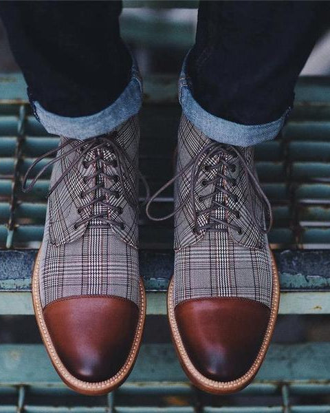 Lace-up Low-Top Men's Boots With Checkered Fabric - Opulent EmpireLace-up Low-Top Men's Boots With Checkered FabricOpulent EmpireMen shoes