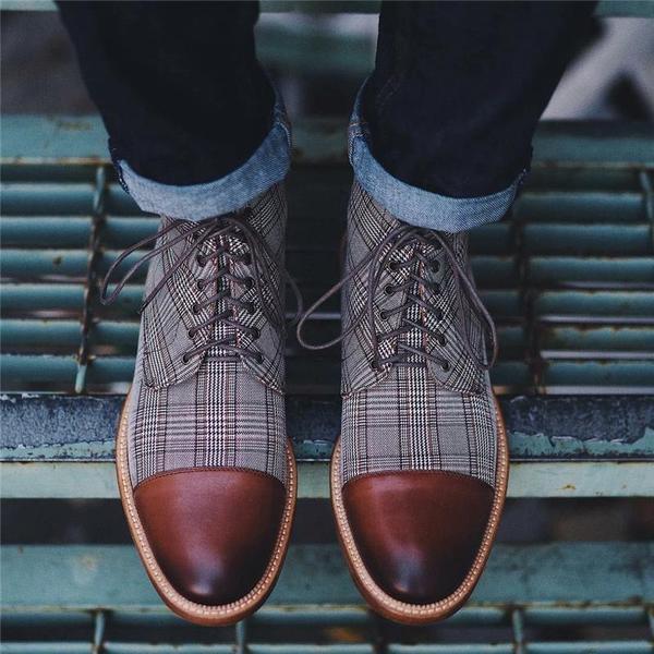 Lace-up Low-Top Men's Boots With Checkered Fabric - Opulent EmpireLace-up Low-Top Men's Boots With Checkered FabricOpulent EmpireMen shoes