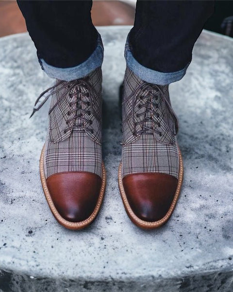 Lace-up Low-Top Men's Boots With Checkered Fabric - Opulent EmpireLace-up Low-Top Men's Boots With Checkered FabricOpulent EmpireMen shoes