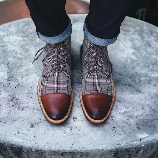 Lace-up Low-Top Men's Boots With Checkered Fabric - Opulent EmpireLace-up Low-Top Men's Boots With Checkered FabricOpulent EmpireMen shoes