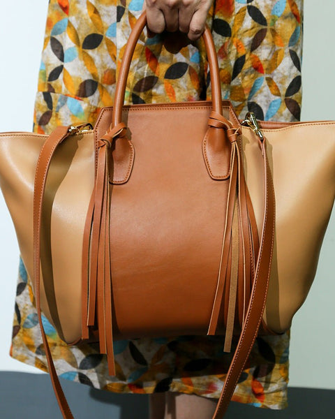 Leather Portable Tassel Tote Bag For Women