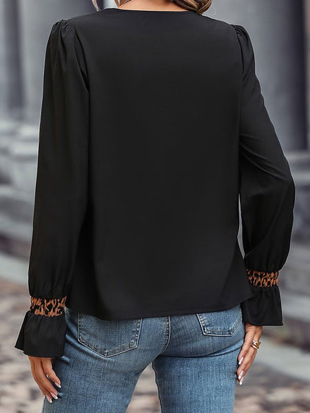 Leopard Contrast V-Neck Blouse - Opulent EmpireLeopard Contrast V-Neck BlouseOpulent Empire