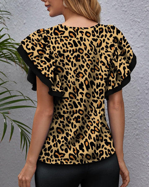 Leopard Round Neck Flounce Sleeve Blouse - Opulent EmpireLeopard Round Neck Flounce Sleeve BlouseOpulent Empire