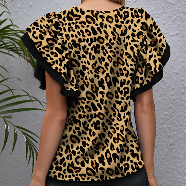 Leopard Round Neck Flounce Sleeve Blouse - Opulent EmpireLeopard Round Neck Flounce Sleeve BlouseOpulent Empire