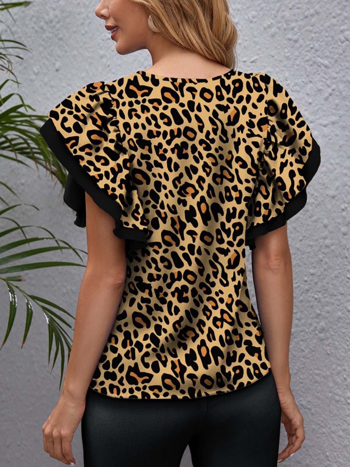 Leopard Round Neck Flounce Sleeve Blouse - Opulent EmpireLeopard Round Neck Flounce Sleeve BlouseOpulent Empire