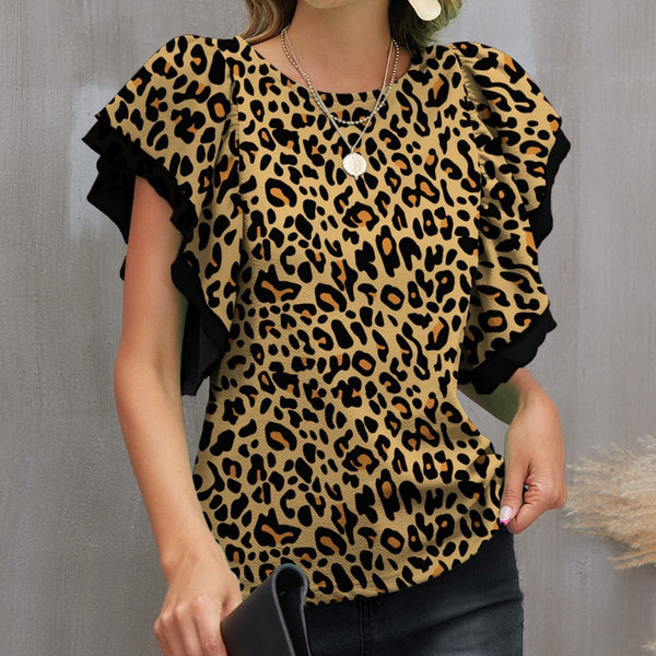 Leopard Round Neck Flounce Sleeve Blouse - Opulent EmpireLeopard Round Neck Flounce Sleeve BlouseOpulent Empire