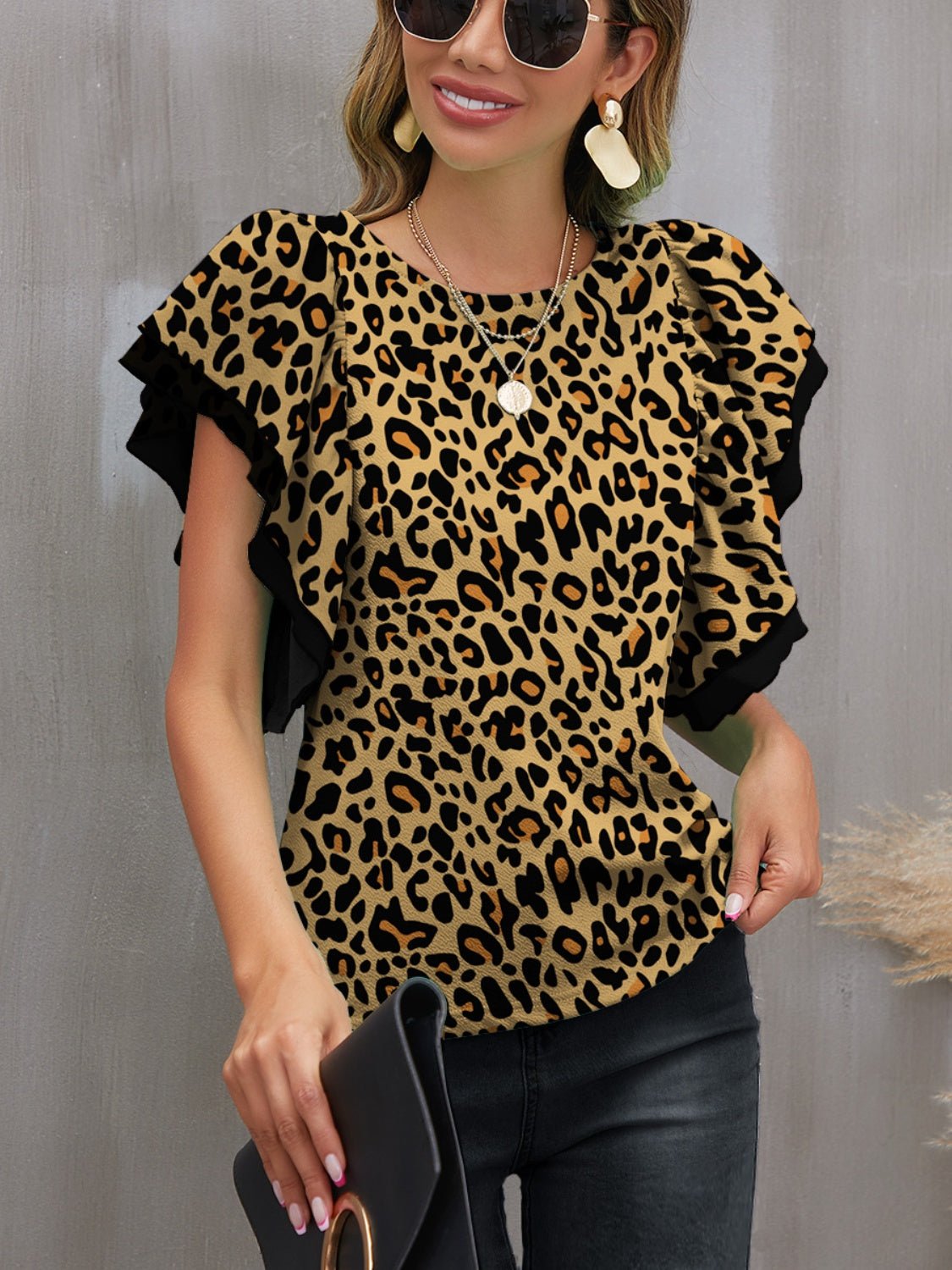 Leopard Round Neck Flounce Sleeve Blouse - Opulent EmpireLeopard Round Neck Flounce Sleeve BlouseOpulent Empire