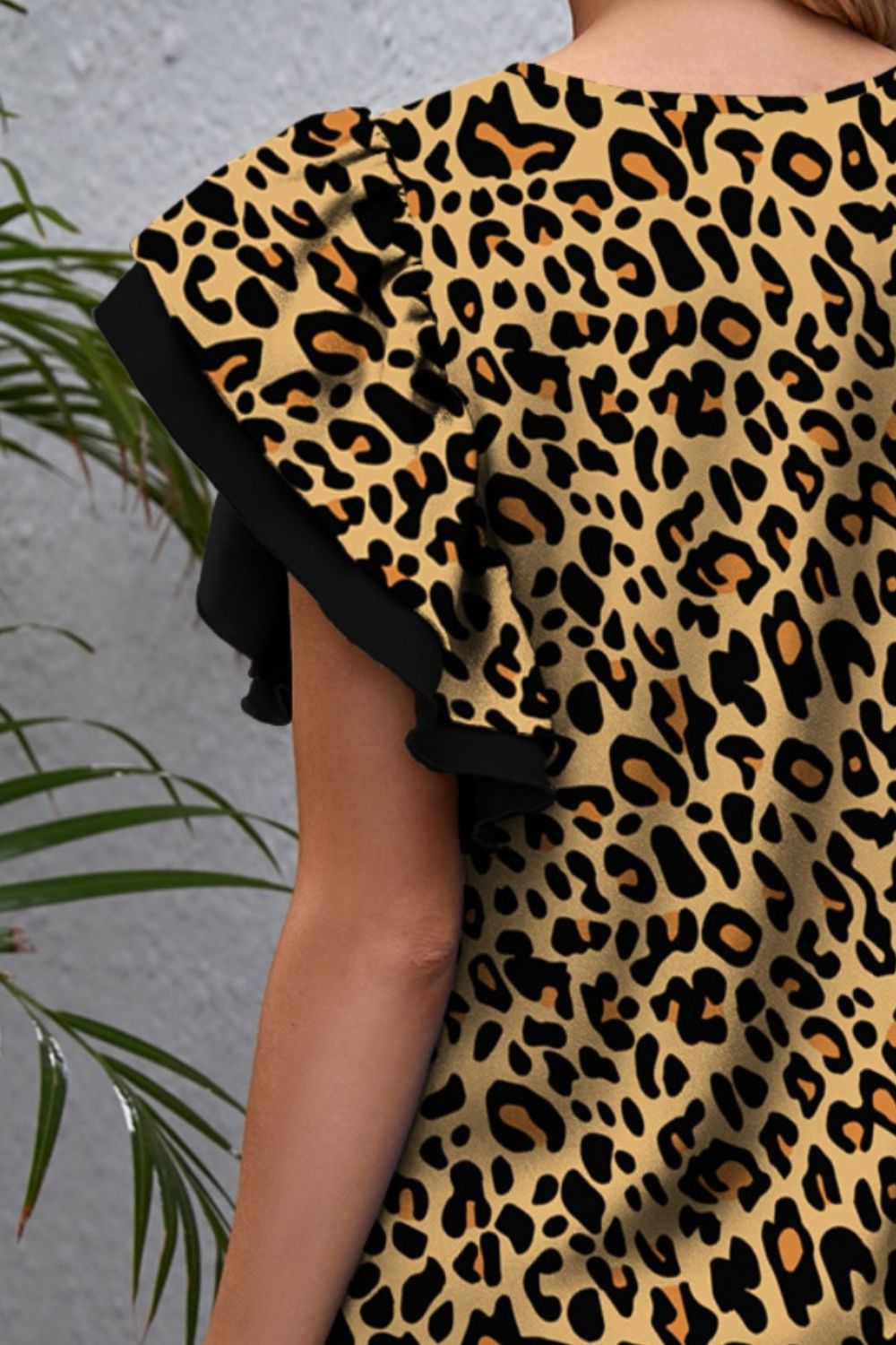 Leopard Round Neck Flounce Sleeve Blouse - Opulent EmpireLeopard Round Neck Flounce Sleeve BlouseOpulent Empire