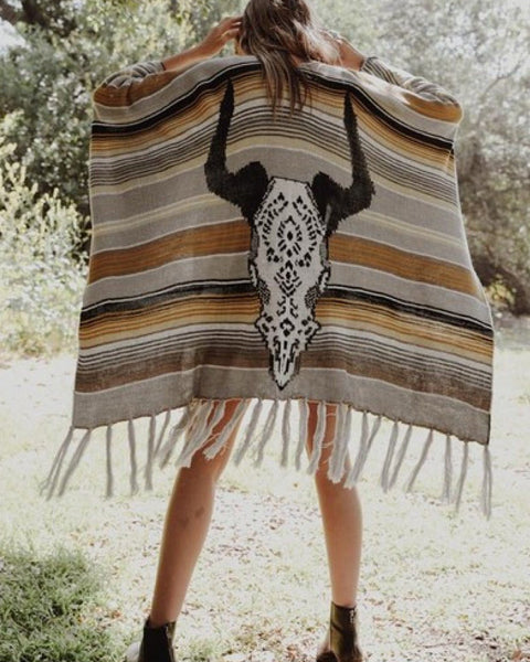 Leto Desert Wanderer Cow Skull Striped Poncho - Opulent EmpireLeto Desert Wanderer Cow Skull Striped PonchoOpulent EmpireClothing